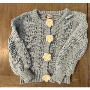 Hazel Moon Girls Blue Cable Knit Cardigan Sweater Flower Buttons Size 7/8 (S)